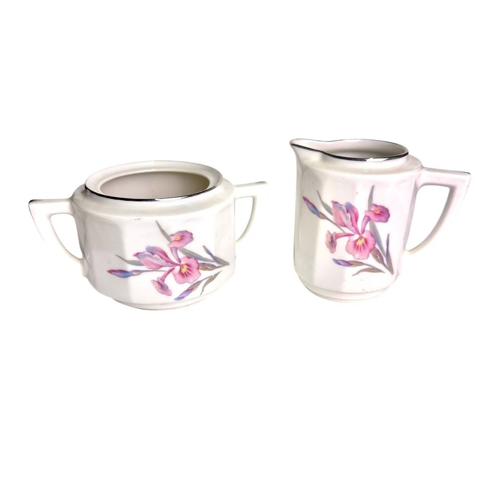 Limoges Chalais-Nadaud Sugar Bowl & Creamer Set with Pink Iris Motif